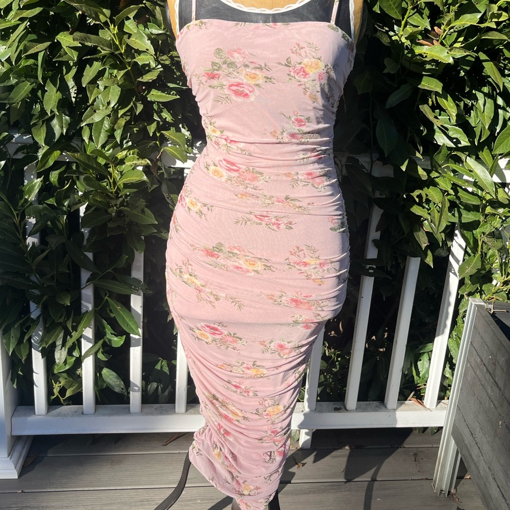 Hot Miami Styles: Privy; Pink & Yellow Floral; Ruched; Bodycon; Midi Dress; L